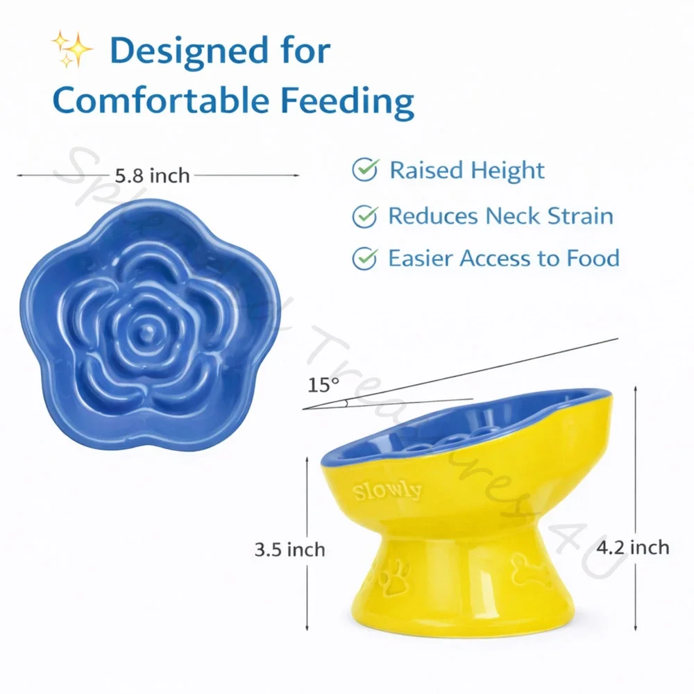 Raised Slow Feeder Dog Cat Food Bowl for Small Pets Blue Tilted Ceramic Dish